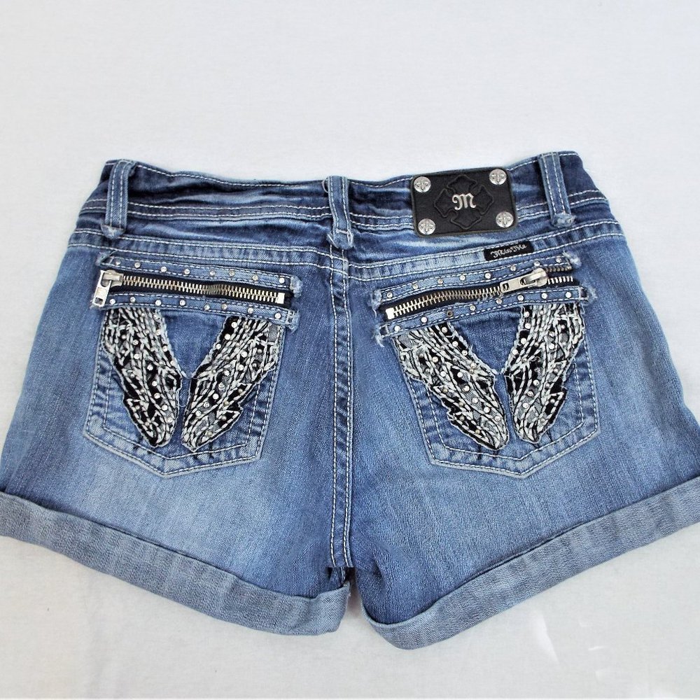 Miss Me Rolled Cuff Jean Shorts with Zipped "Wing" Pockets w/ Rhinestones Sz 32